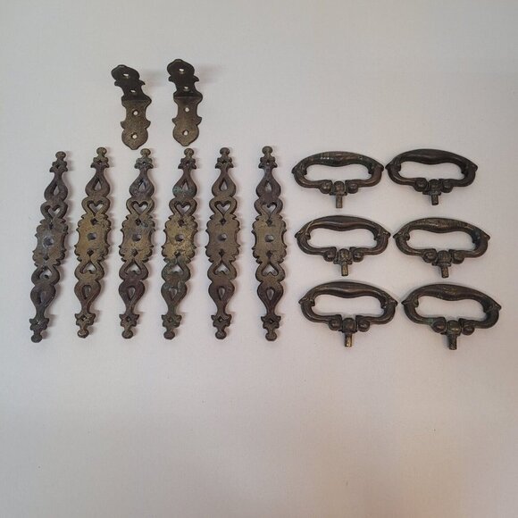 Vintage Metal Brass Hardware Drawer Pulls & Covers 14 Pc Set w Brackets - Picture 1 of 9